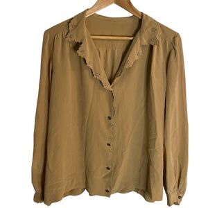 Vintage embellished tan neutral minimalist ladies blouse prairie granny Italy